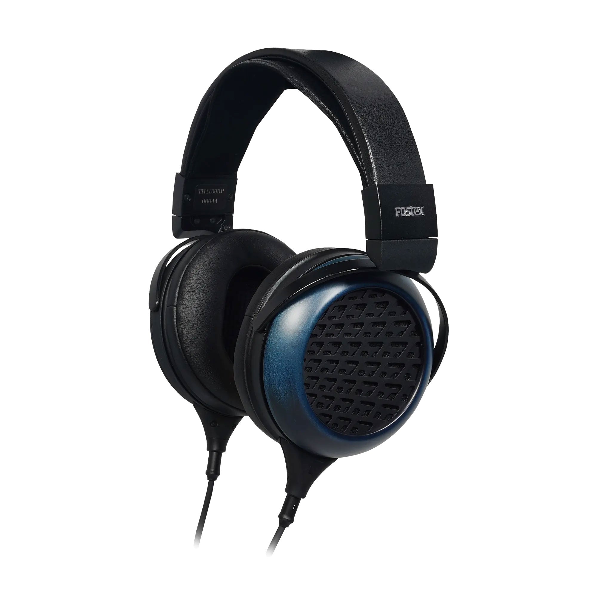 Black and blue over-ear wired headphones with padded headband and ear cups, showing Fostex branding.