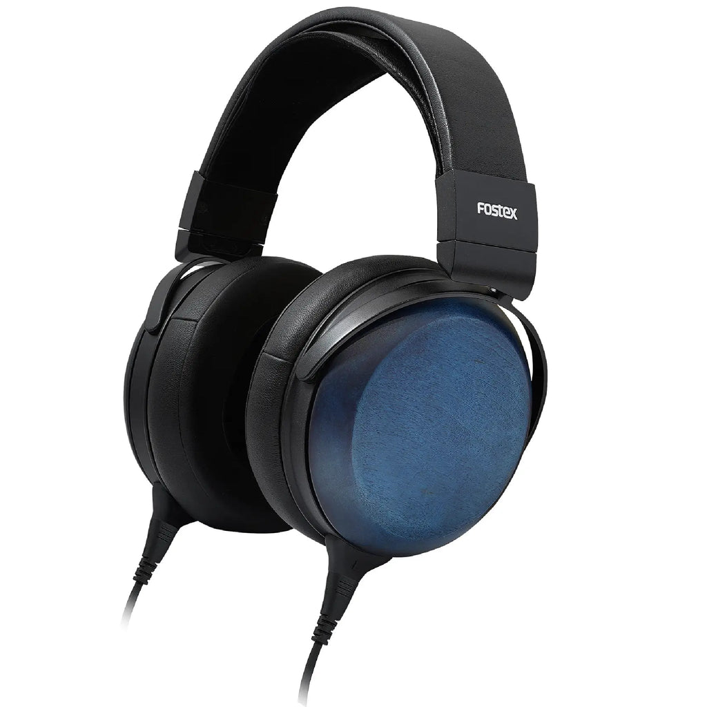 Black over-ear headphones with blue wooden ear cups and wired connection.