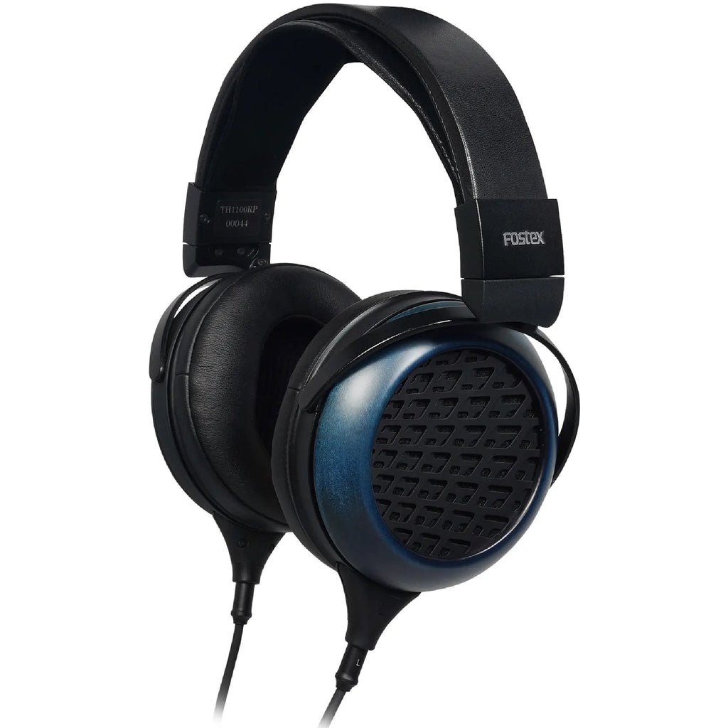 Black and dark blue open-back over-ear wired headphones with padded headband and earcups.