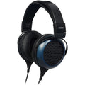 Black and dark blue open-back over-ear wired headphones with padded headband and earcups.