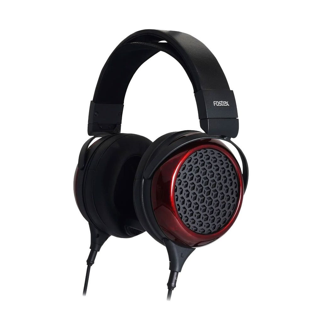 Over-ear wired headphones with a black and red design and Fostex branding on the headband.