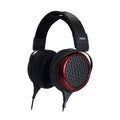 Over-ear wired headphones with a black and red design and Fostex branding on the headband.