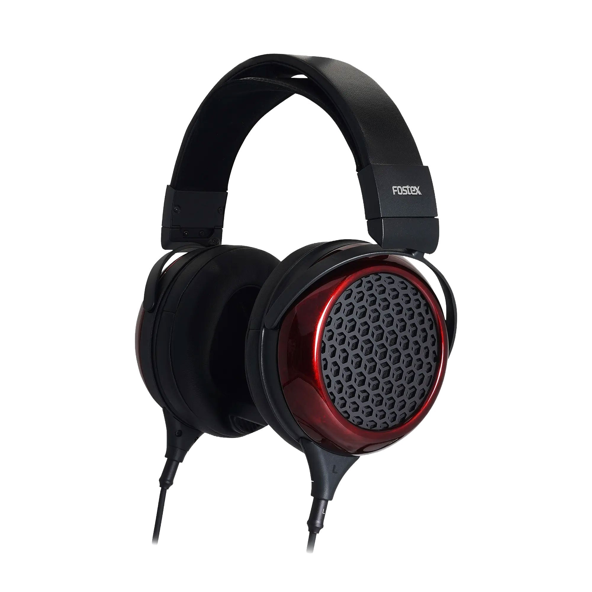 Over-ear wired headphones with a black and red design and Fostex branding on the headband.