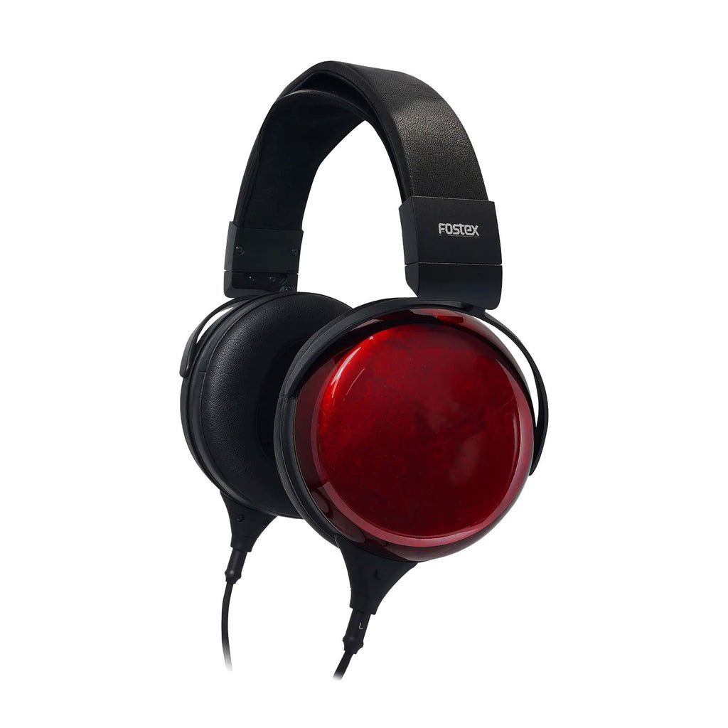 Over-ear wired headphones with black headband and red glossy ear cups showing the Fostex logo.