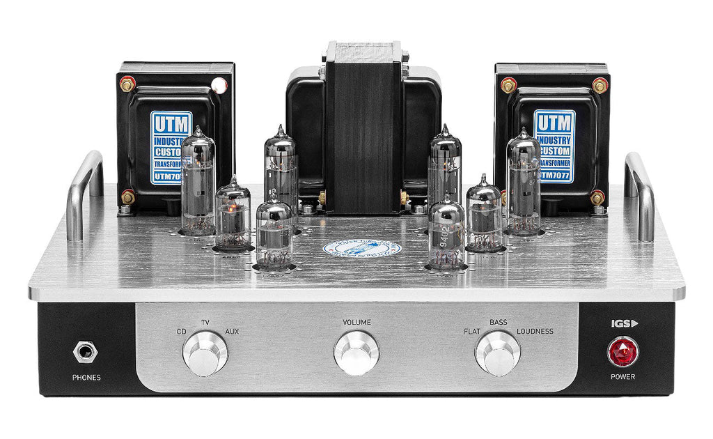 Silver and black tube amplifier with glass tubes, three control knobs, headphone jack, and red power button.