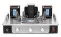 Silver and black tube amplifier with glass tubes, three control knobs, headphone jack, and red power button.