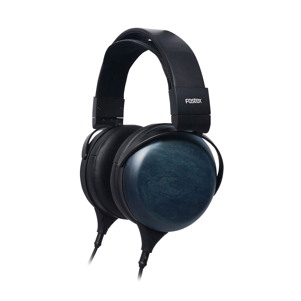Black over-ear wired headphones with dark blue wooden ear cups and padded headband.