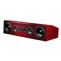 Angled front view of a dark red wooden speaker with five drivers in a row.