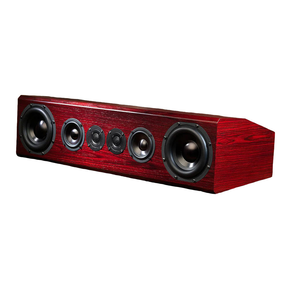 Angled front view of a dark red wooden speaker with five drivers in a row.