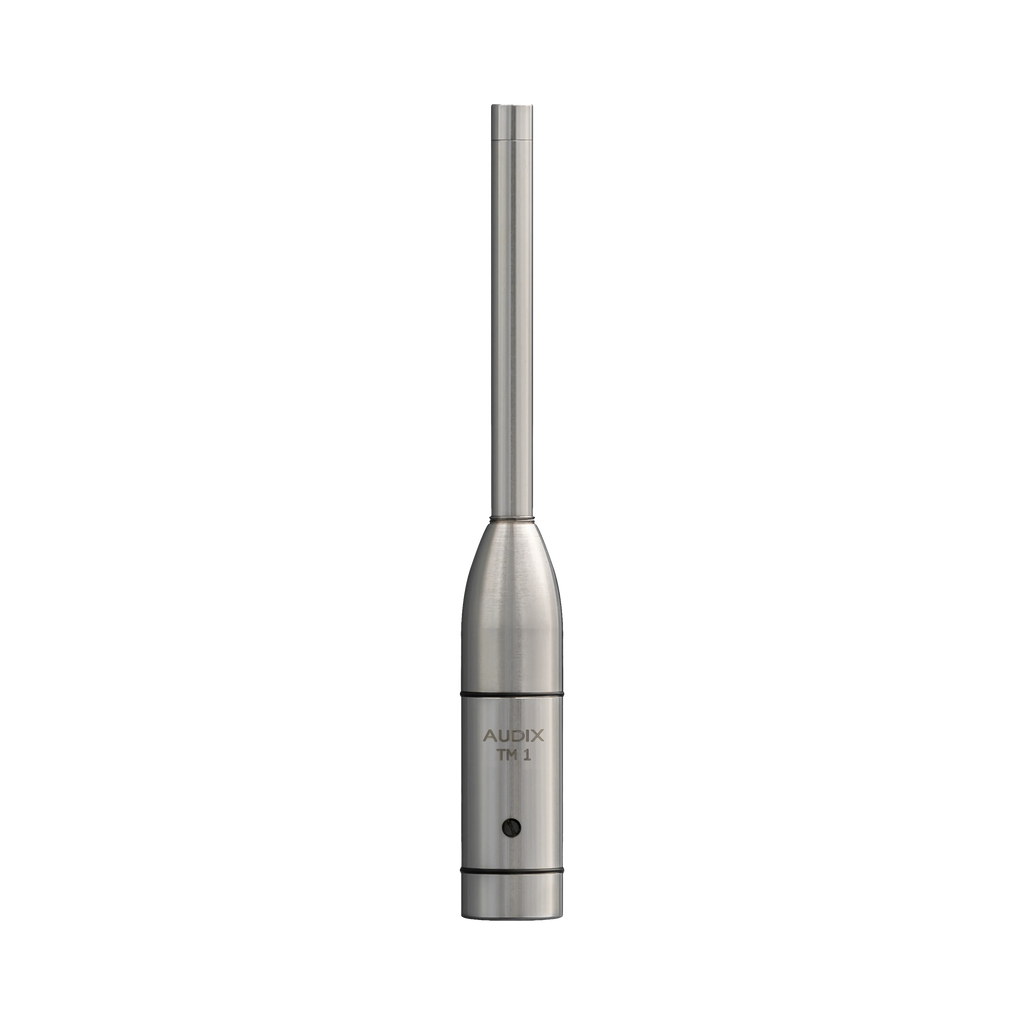 Silver cylindrical microphone with a long thin upper section and black detail screw near the bottom.