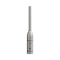 Silver cylindrical microphone with a long thin upper section and black detail screw near the bottom.