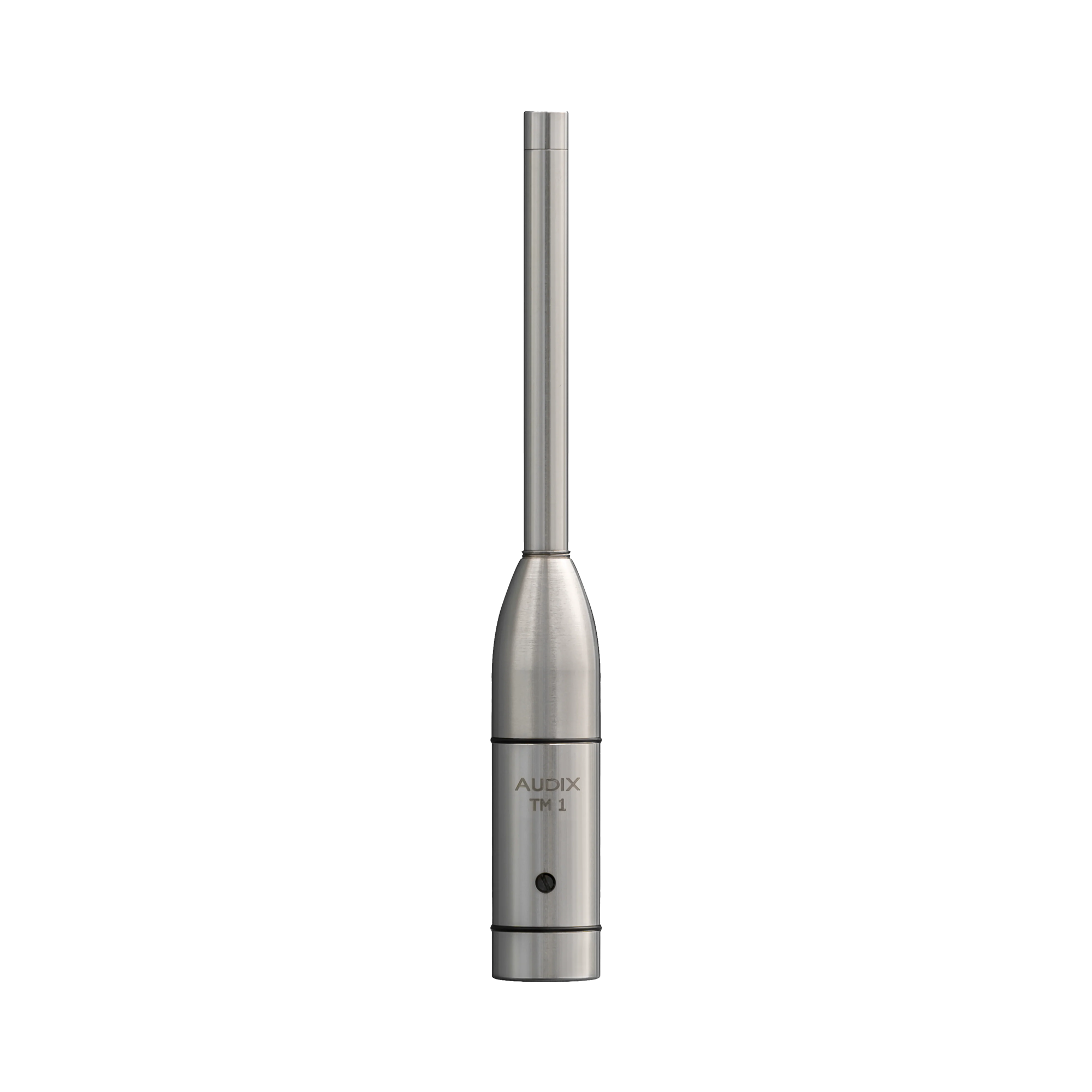 Silver cylindrical microphone with a long thin upper section and black detail screw near the bottom.