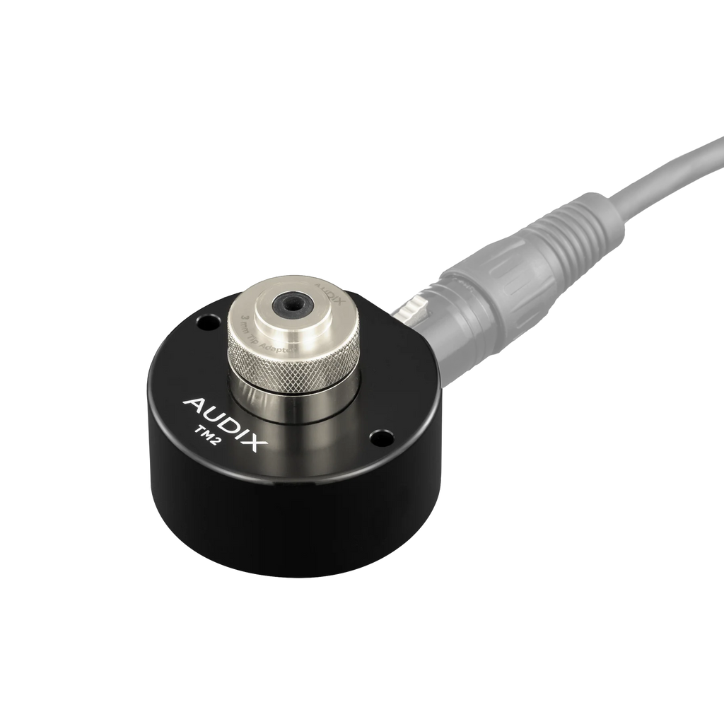 Black cylindrical microphone base with silver 3mm TP adapter and attached black XLR cable.
