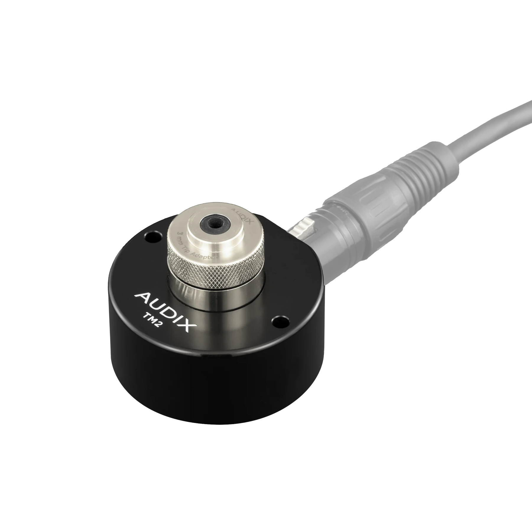 Black cylindrical microphone base with silver 3mm TP adapter and attached black XLR cable.
