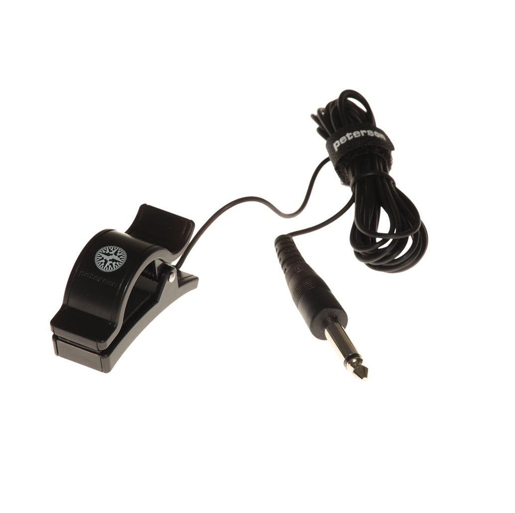 Black clip-on device with attached cable and 1/4 inch audio plug, displaying a logo and the word peterson on the clip.