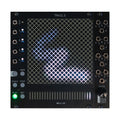 Front view of a black Bela Trails Eurorack module with LED grid, multiple jacks, buttons, and a rotary knob.