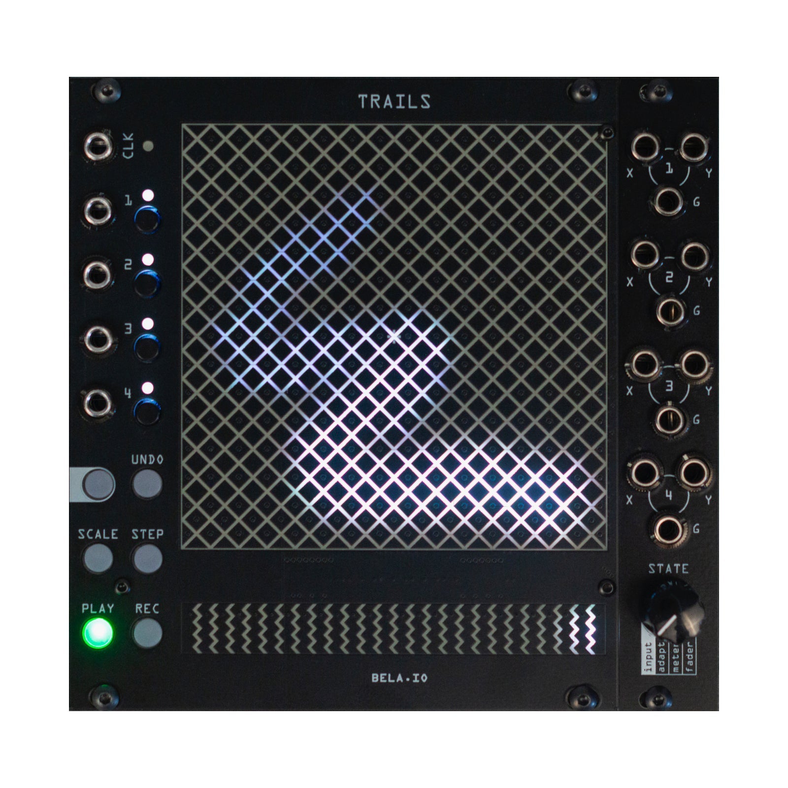 Front view of a black Bela Trails Eurorack module with LED grid, multiple jacks, buttons, and a rotary knob.