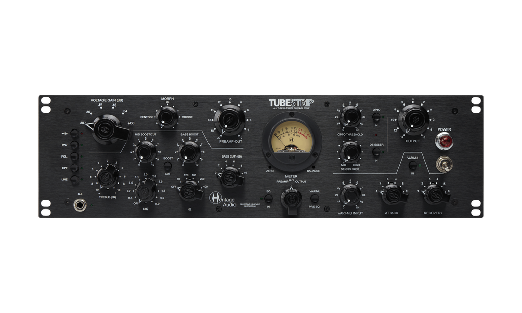 Front panel of a Heritage Audio TubeStrip audio processing unit with multiple knobs, switches, meter, and a 1/4 inch input jack.