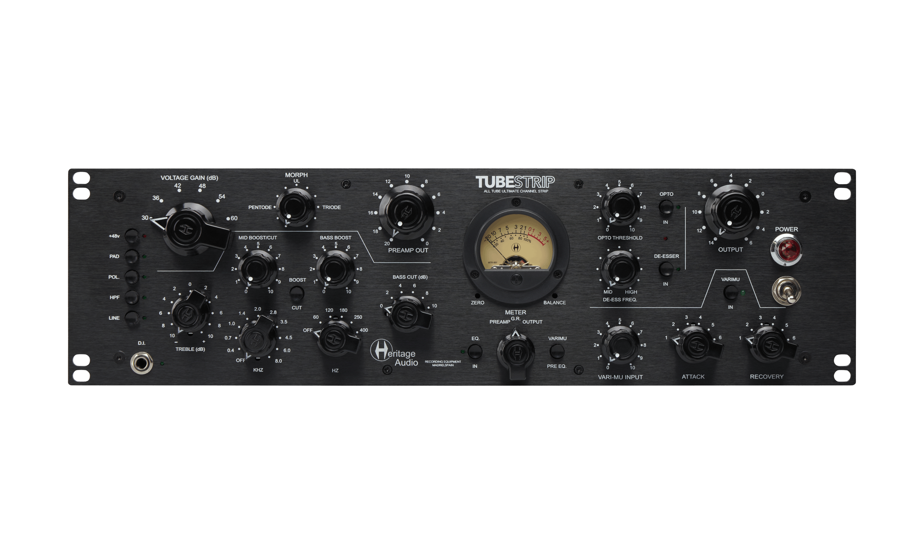 Front panel of a Heritage Audio TubeStrip audio processing unit with multiple knobs, switches, meter, and a 1/4 inch input jack.
