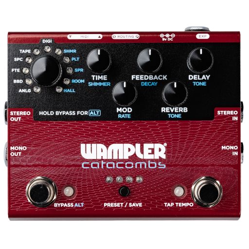 Red and black Wampler Catacombs pedal with multiple knobs, footswitches, and input/output jacks.