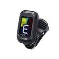 Black clip-on tuner with color display showing musical note and tuning indicators.