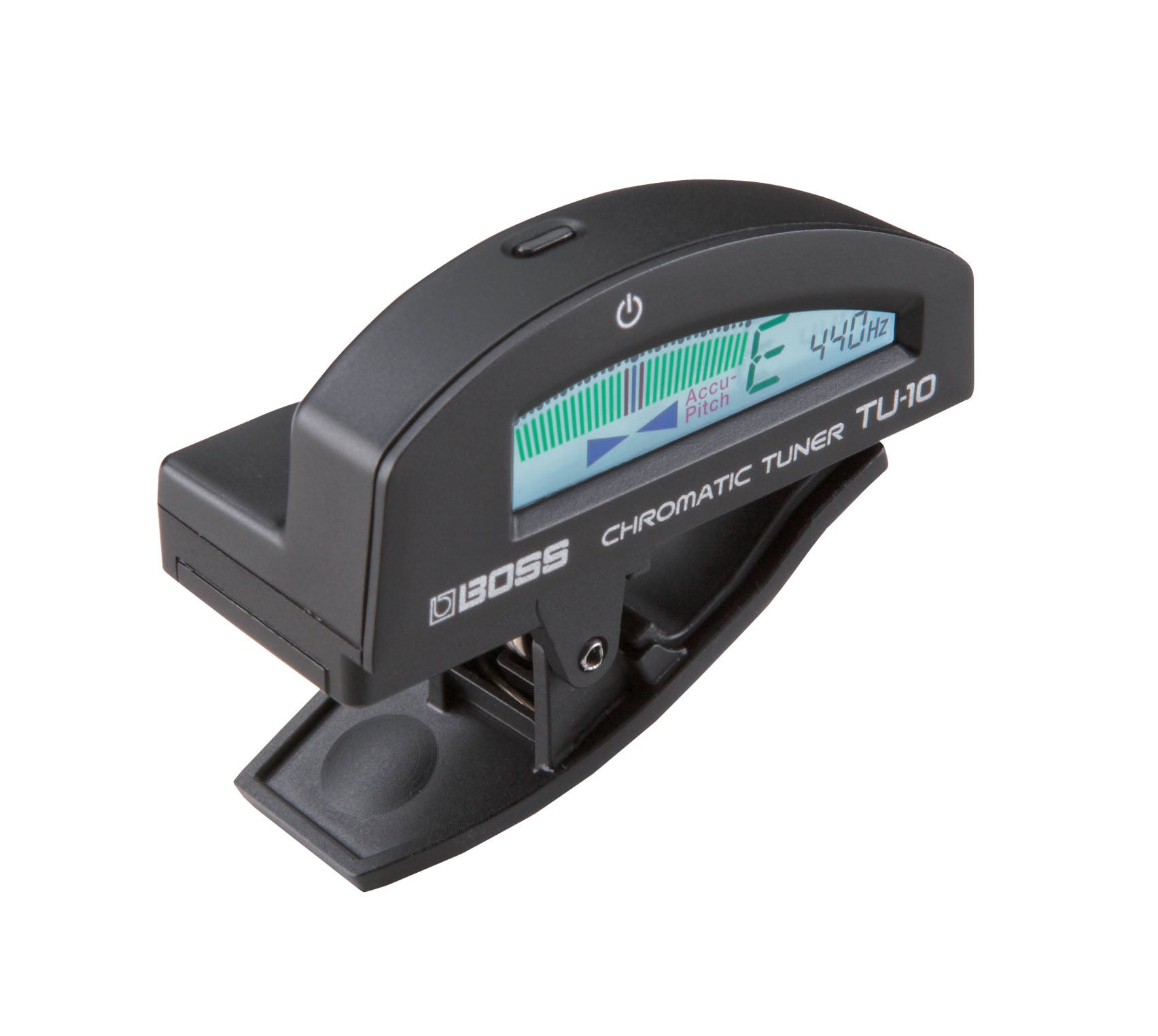 Black clip-on chromatic tuner with a color display showing pitch and frequency information.