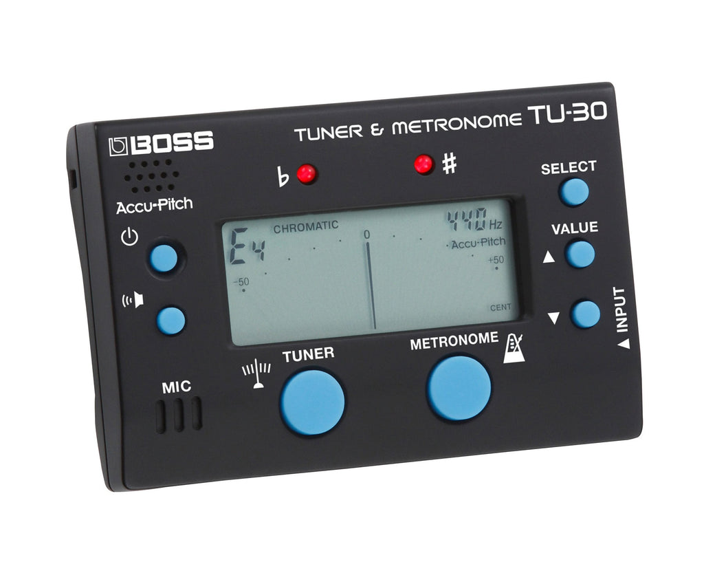 Black Boss TU-30 tuner and metronome device with blue buttons and a digital display showing tuning status.