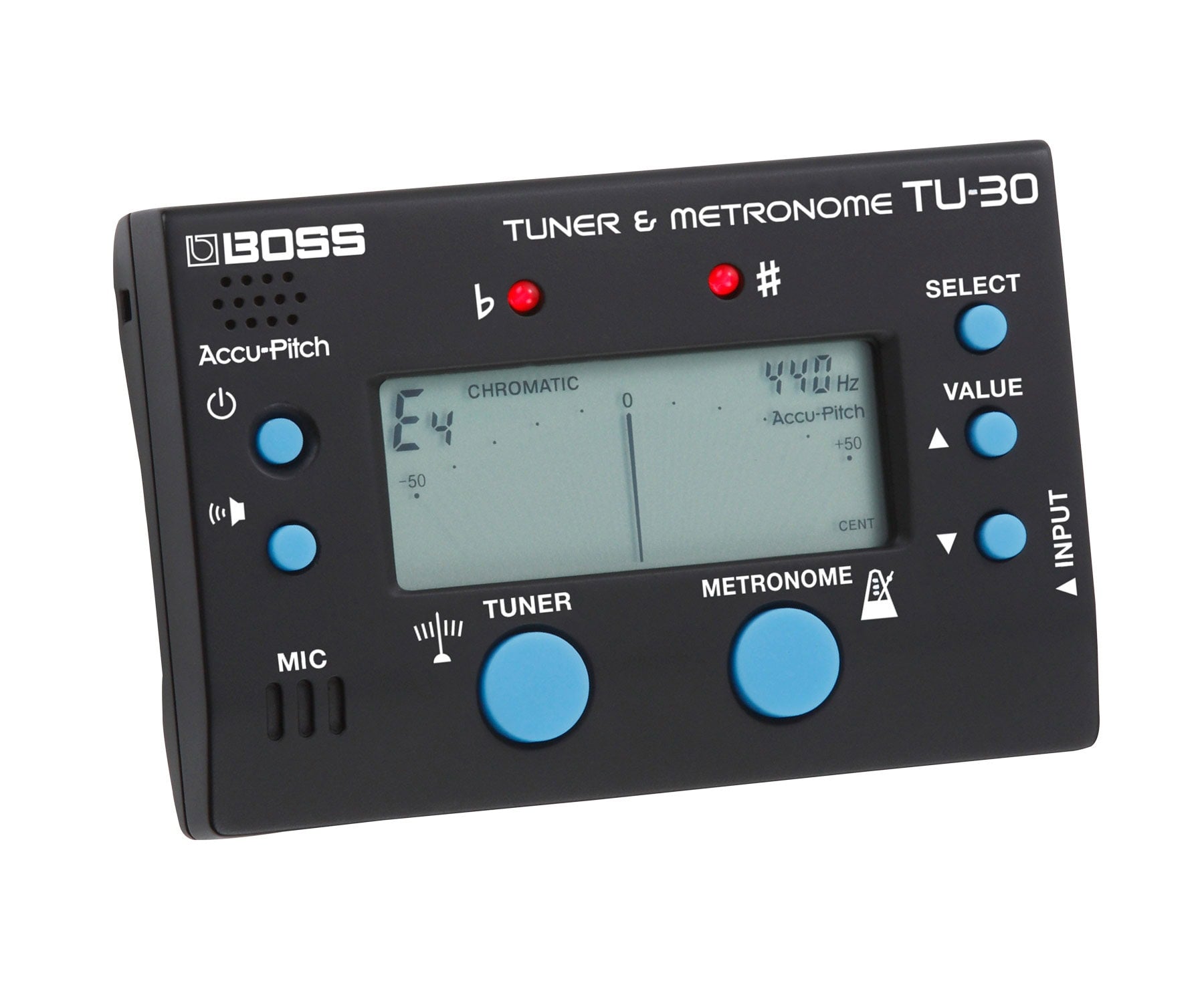 Black Boss TU-30 tuner and metronome device with blue buttons and a digital display showing tuning status.