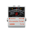 White Boss TU-3s Chromatic Tuner pedal with input/output jacks and digital display showing note A.