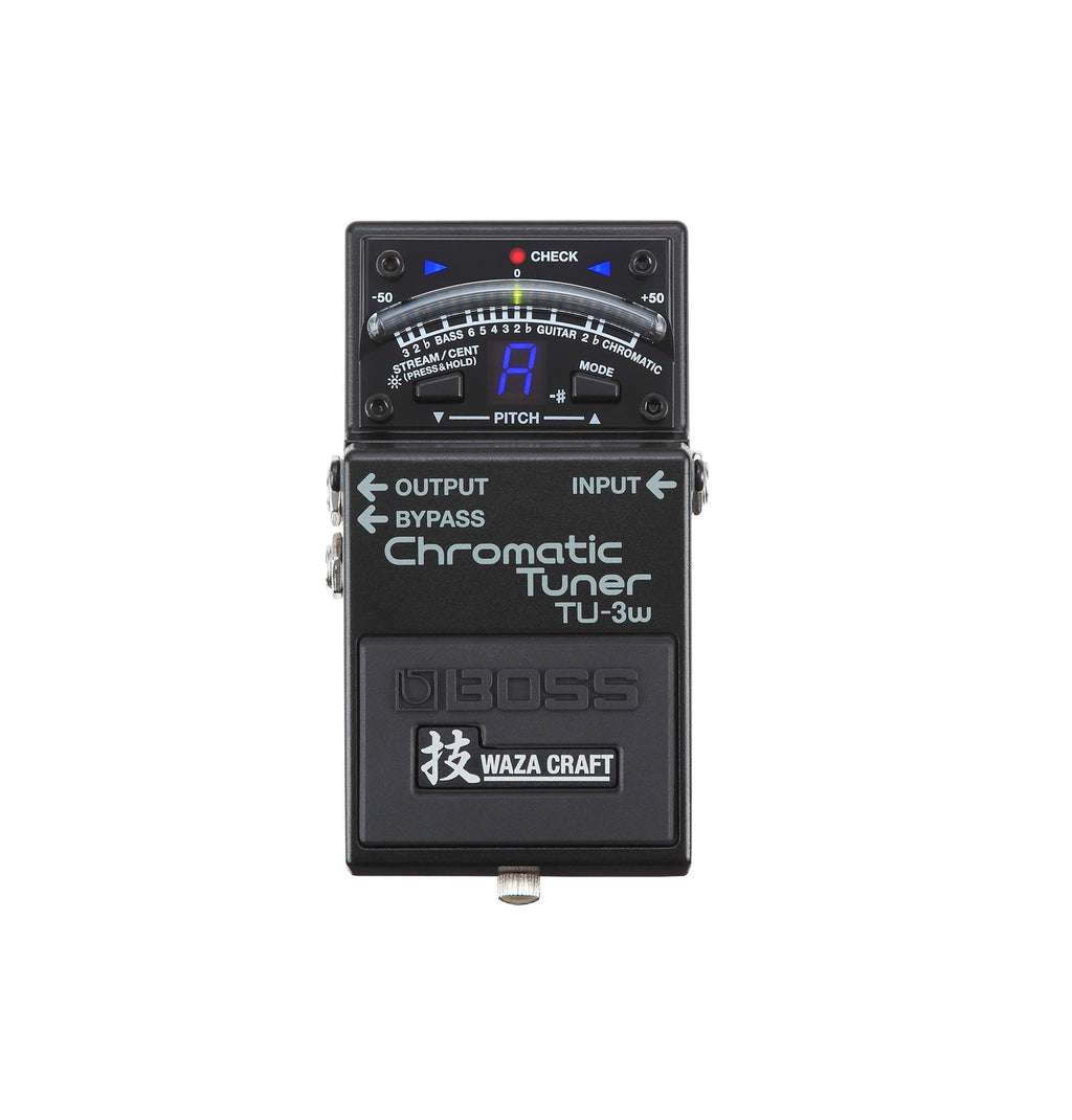 Black Boss TU-3W Waza Craft chromatic tuner pedal with input and output jacks and control display.