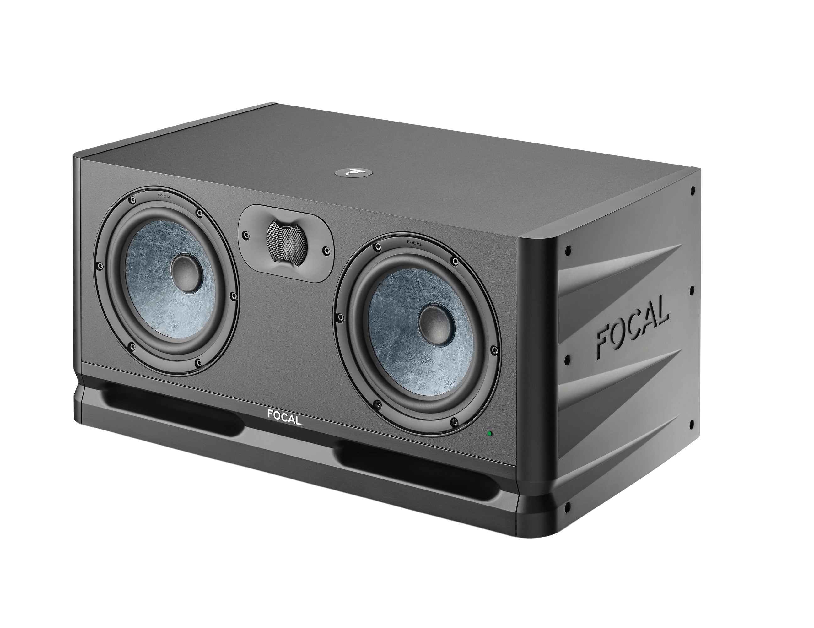 Black and gray FOCAL branded studio monitor speaker with dual light blue cone drivers and a central tweeter.