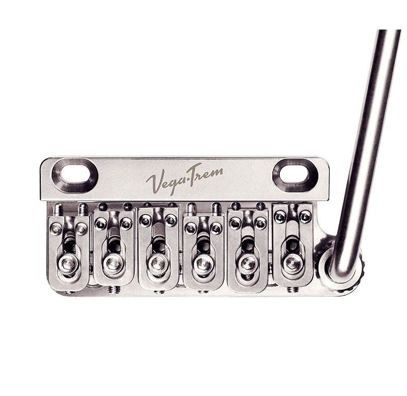 Chrome-colored metal guitar bridge with six adjustable string saddles and a tremolo arm on right side.