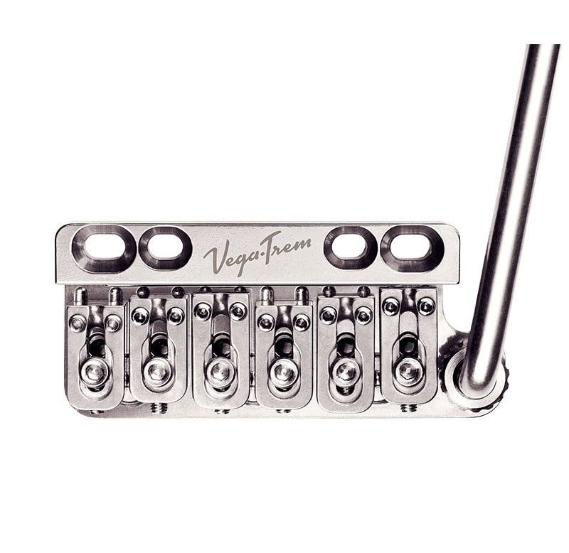 Chrome metal guitar tremolo bridge with six string saddles and a tremolo arm attached.