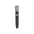 Black handheld wireless microphone transmitter with silver metal grille and power switch on body
