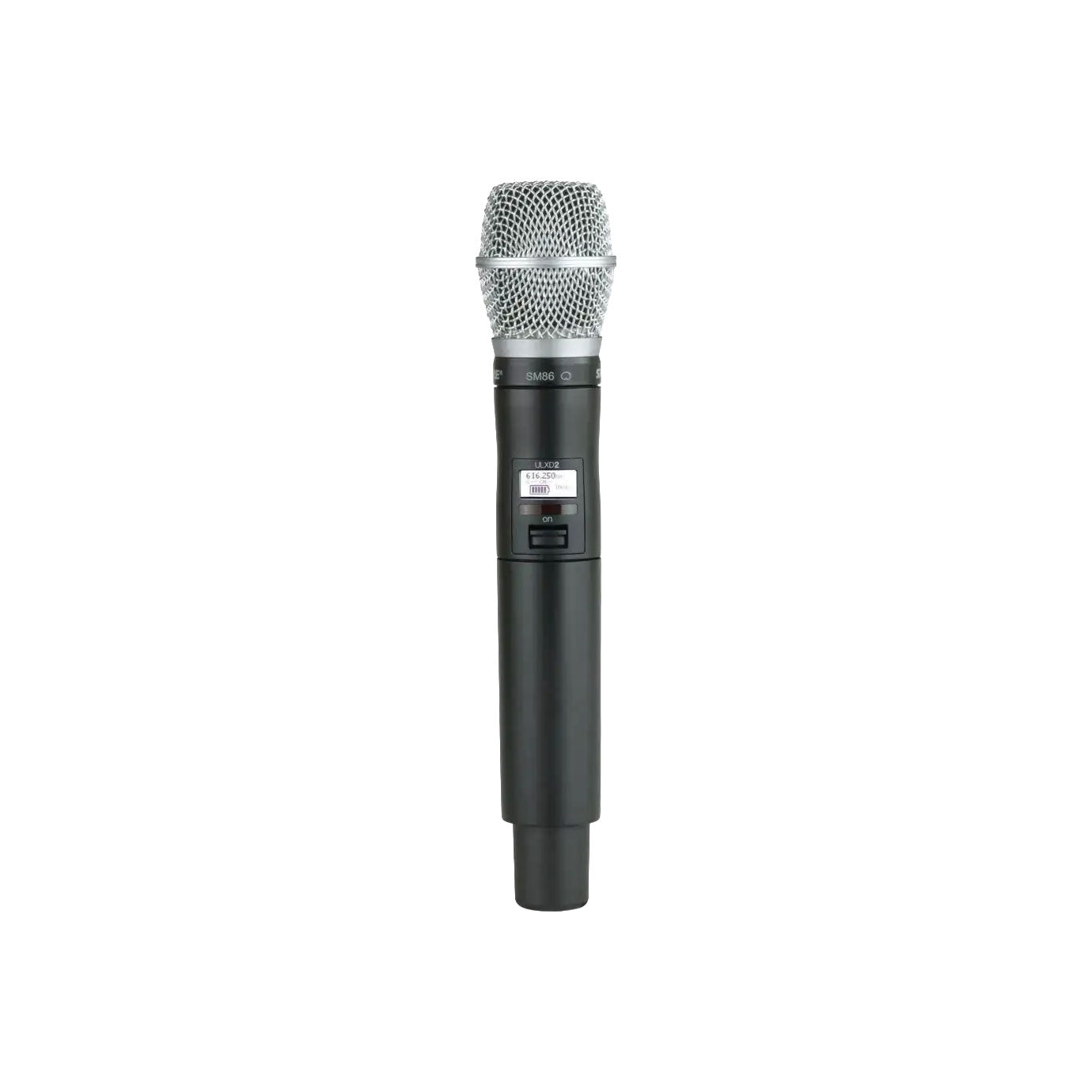 Black handheld wireless microphone transmitter with silver metal grille and power switch on body