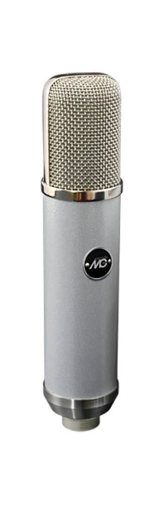 Silver cylindrical microphone with gold mesh grille and MC logo on body isolated on white background.