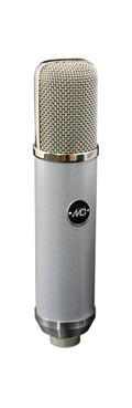 Silver cylindrical microphone with gold mesh grille and MC logo on body isolated on white background.
