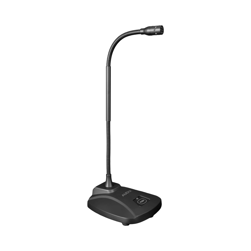 Black gooseneck microphone with weighted base and push button labeled 'PUSH' on the base.