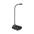Black gooseneck microphone with weighted base and push button labeled 'PUSH' on the base.