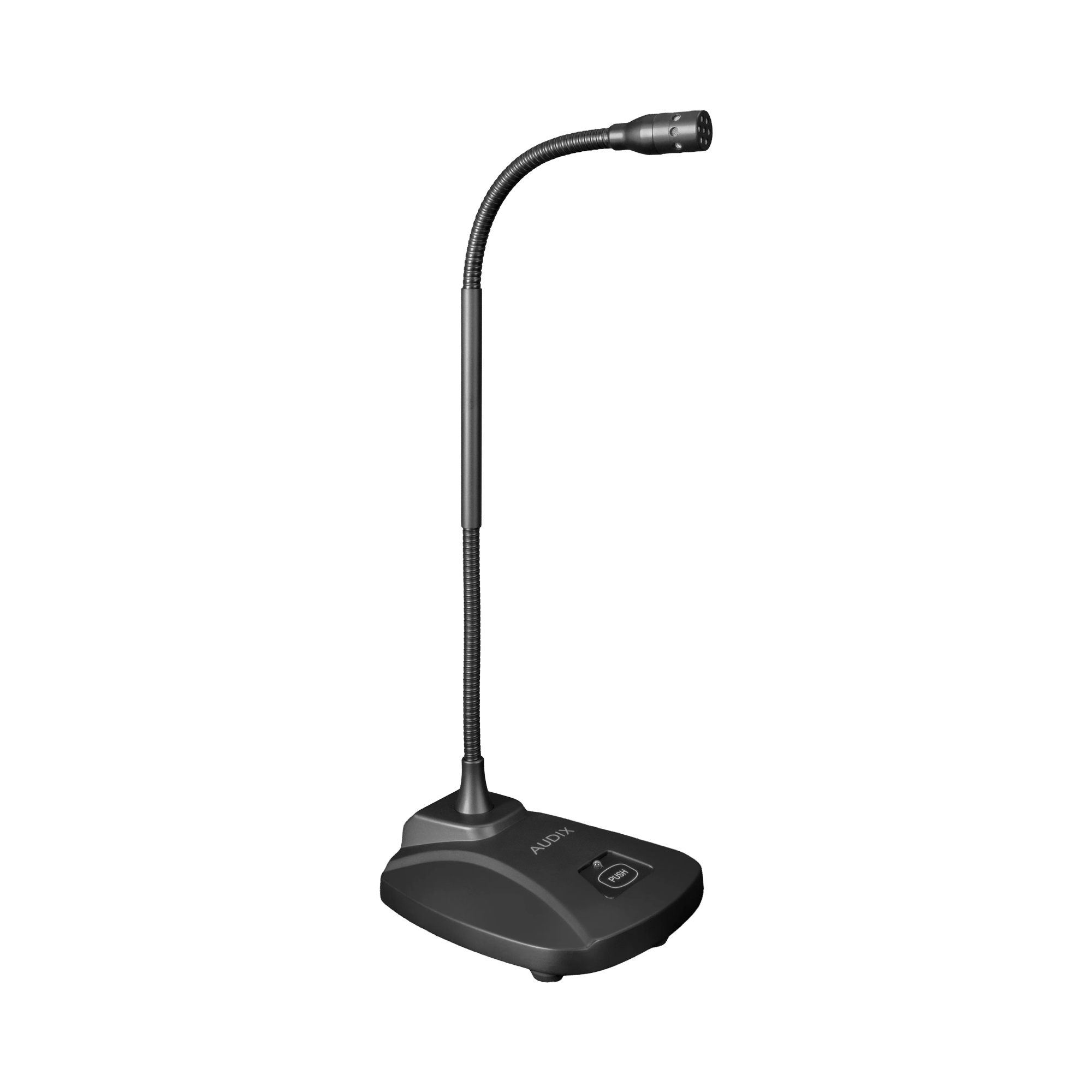 Black gooseneck microphone with weighted base and push button labeled 'PUSH' on the base.