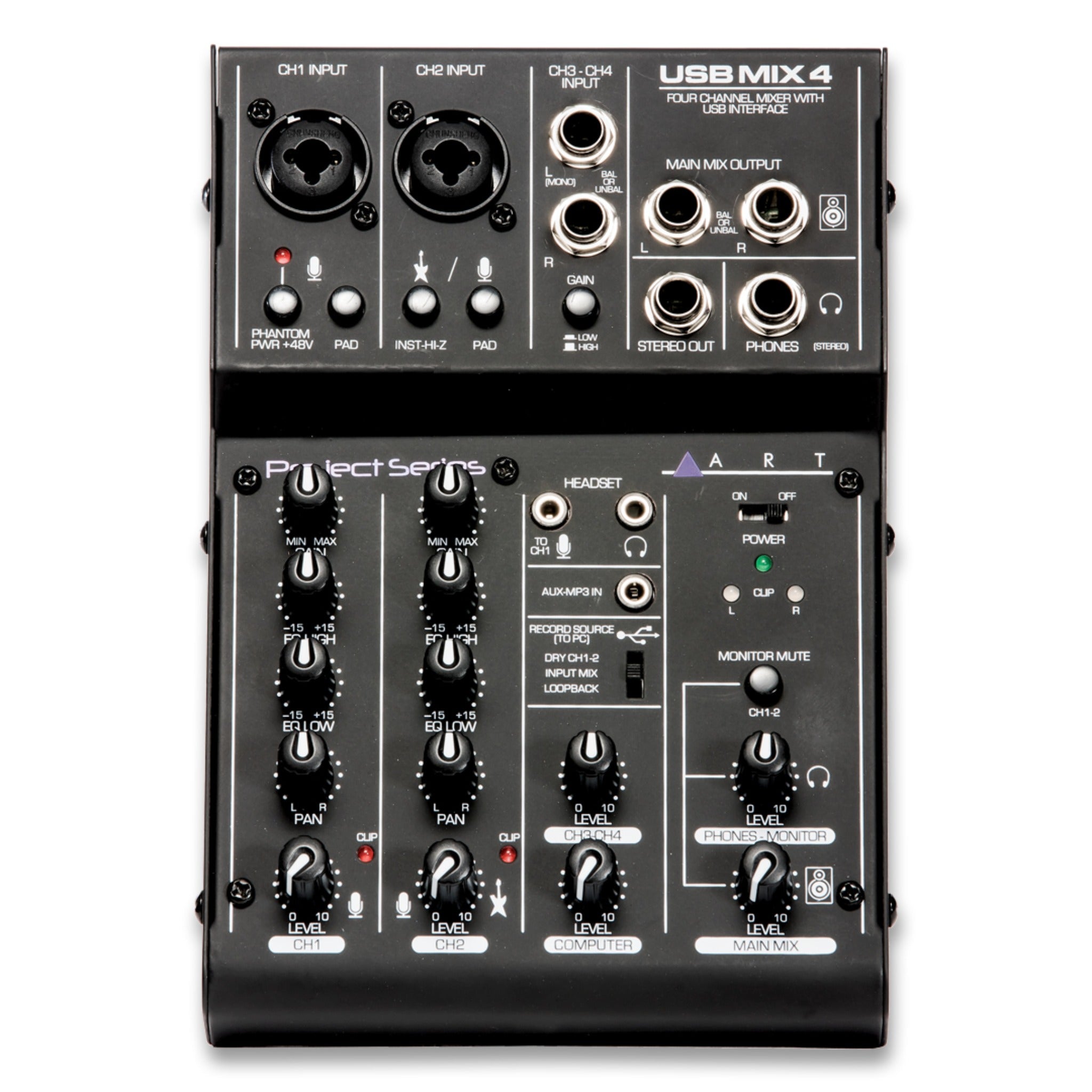Top view of a black audio mixing console with knobs, buttons, combo inputs, and labeled outputs.