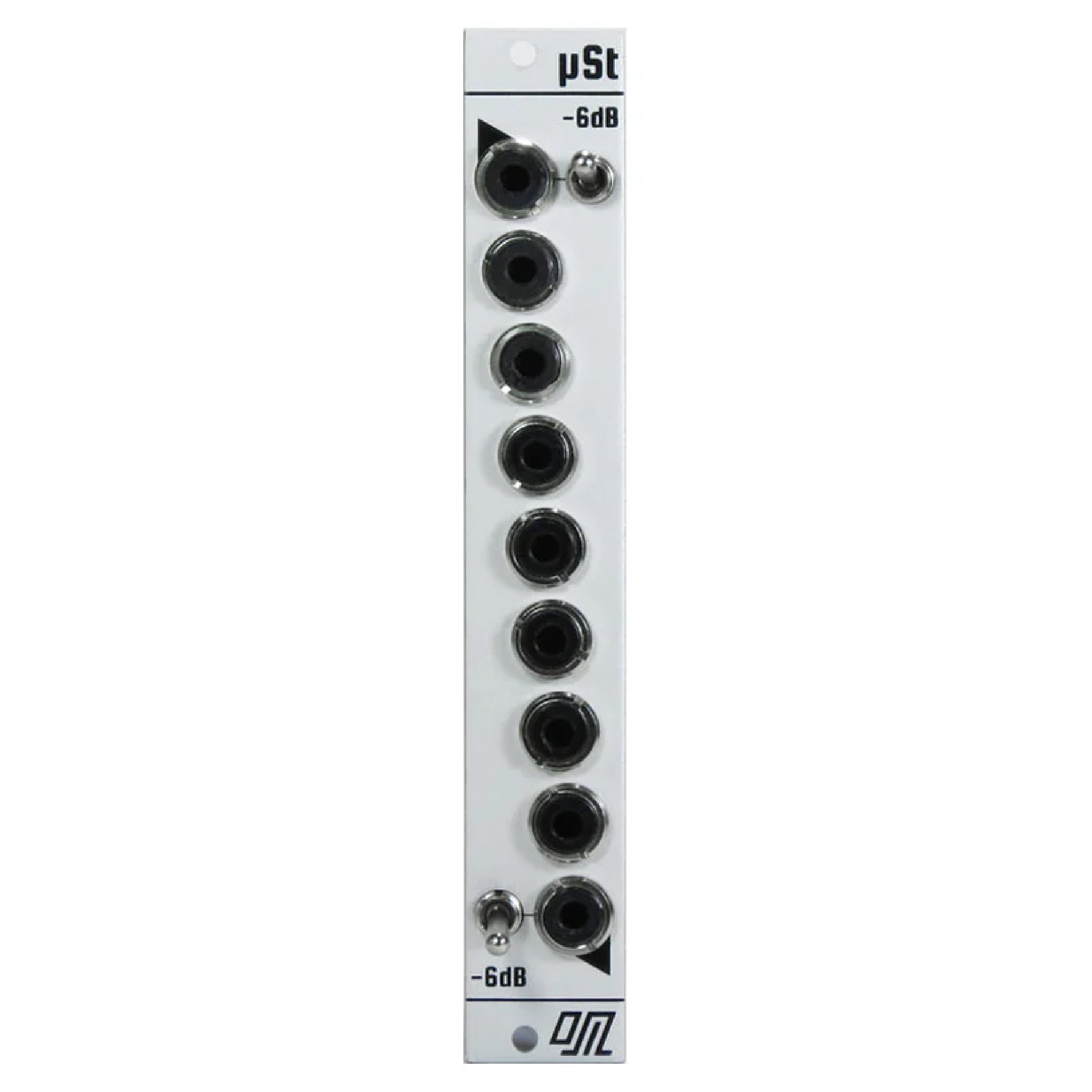 White modular synthesizer panel with eight 3.5mm jacks and two toggle switches labeled -6dB
