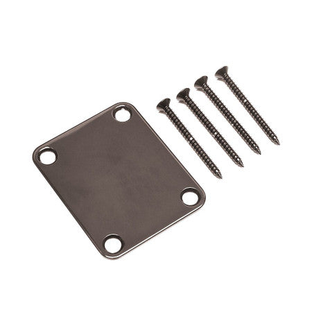 Square black metal plate with four holes and five black screws on a white background.