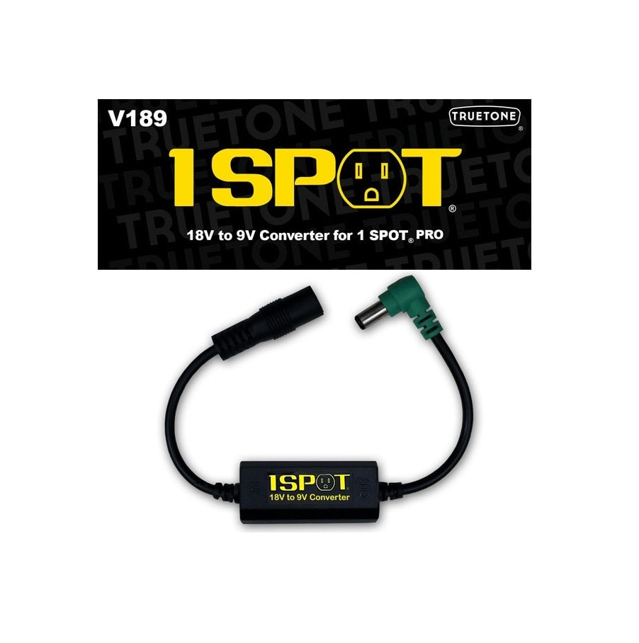 Black adapter cable with barrel connectors and inline converter box labeled 18V to 9V Converter