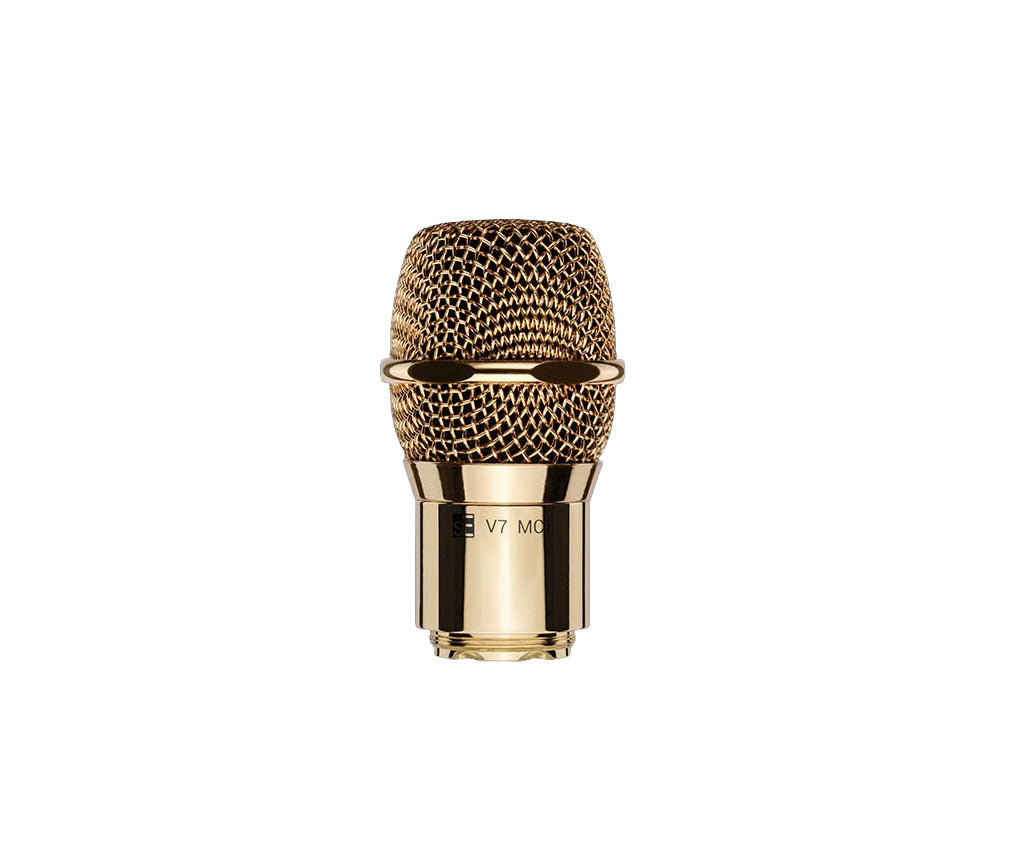 Gold-colored microphone head with metal mesh grille and male threaded connector at the bottom.