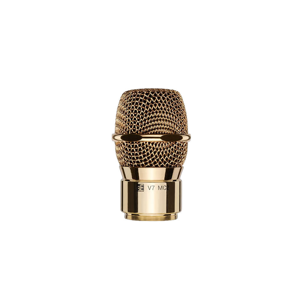 Gold-colored microphone grille and head with mesh and threaded connector.