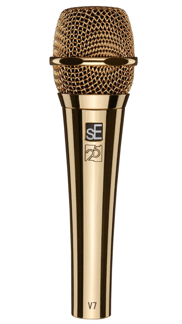 Gold-colored wired microphone with mesh grille and branding on the handle.