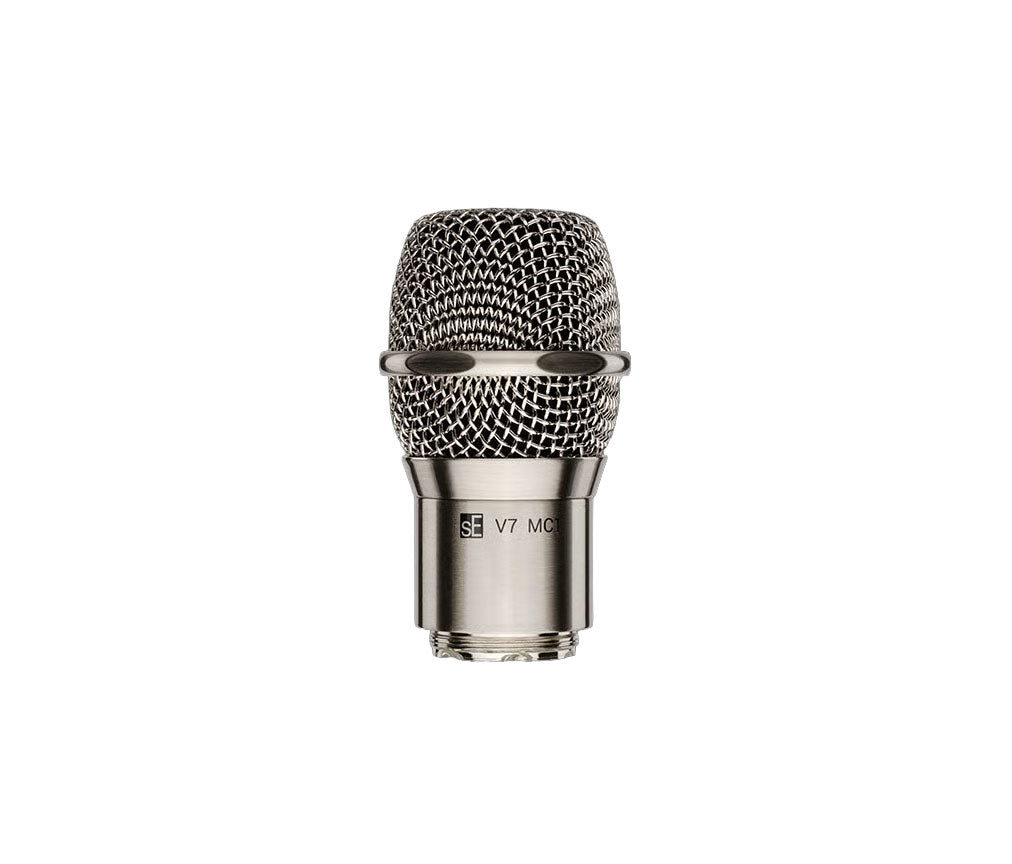 Silver metal microphone head with mesh grille and threaded connector labeled with sE V7 MC1.