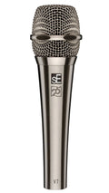 Silver handheld microphone with metal mesh grille and sE logo with '25' marking on the handle.