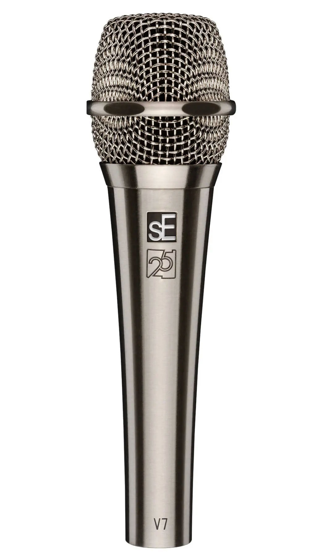 Silver handheld microphone with metal mesh grille and sE logo with '25' marking on the handle.